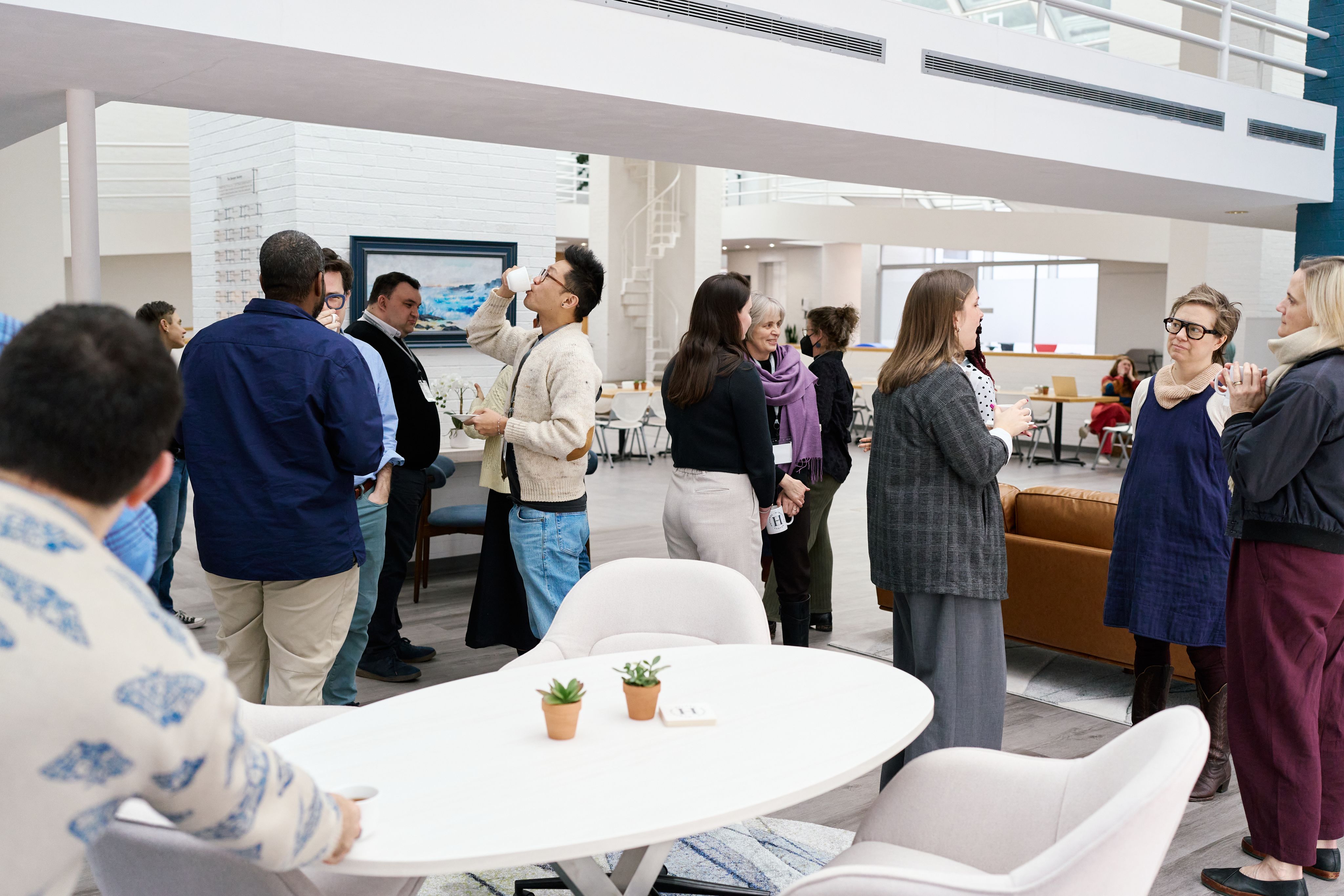 Fellows and Staff gather to have tea and converse in the Birkelund Lounge